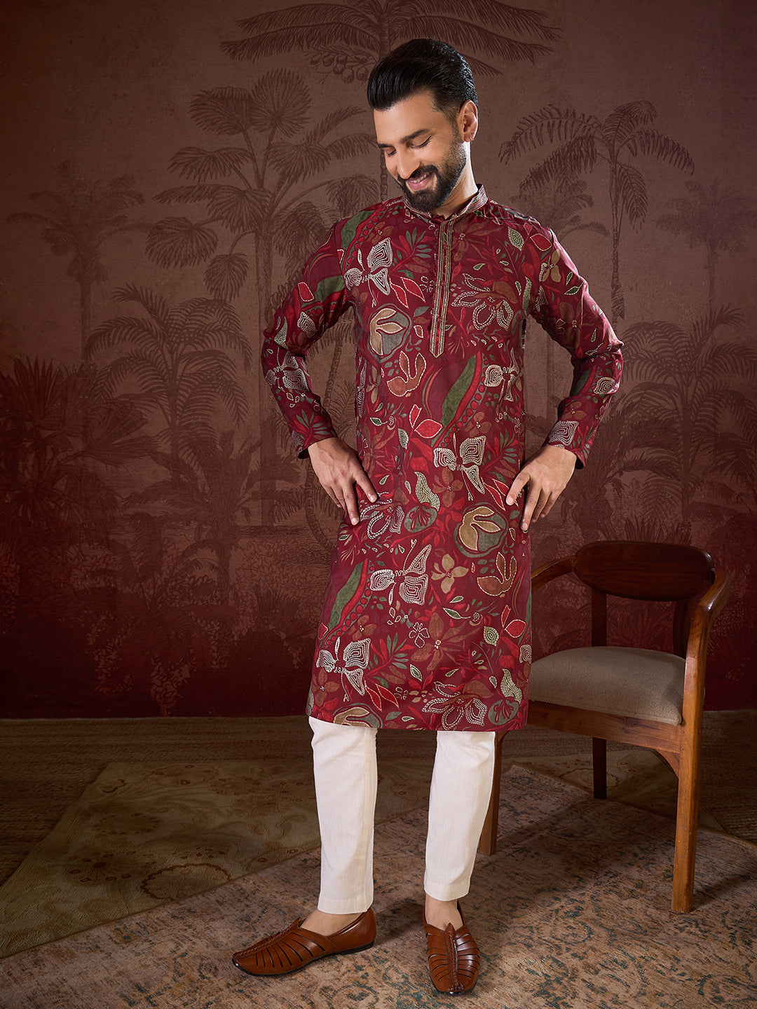 Men Maroon Silk Blend Floral Printed Straight Kurta With Trouser-MKSET1963