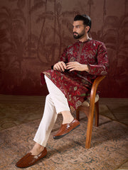 Men Maroon Silk Blend Floral Printed Straight Kurta With Trouser-MKSET1963