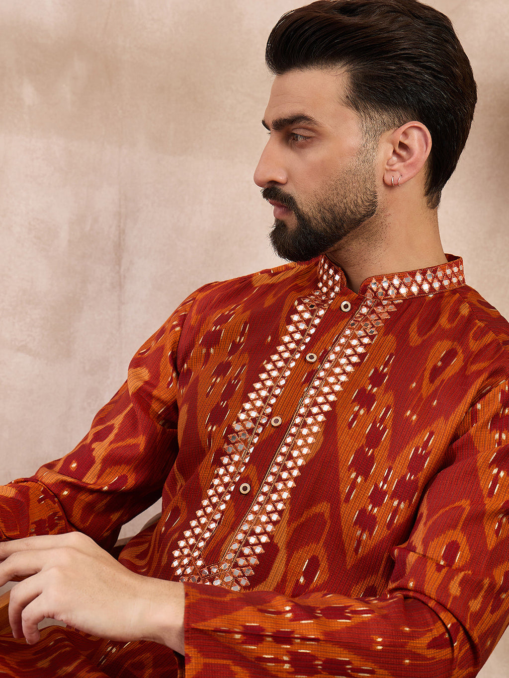 Men Orange Silk Blend Chevron Printed Straight Kurta With Trouser-MKSET1964