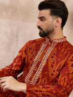 Men Orange Silk Blend Chevron Printed Straight Kurta With Trouser-MKSET1964