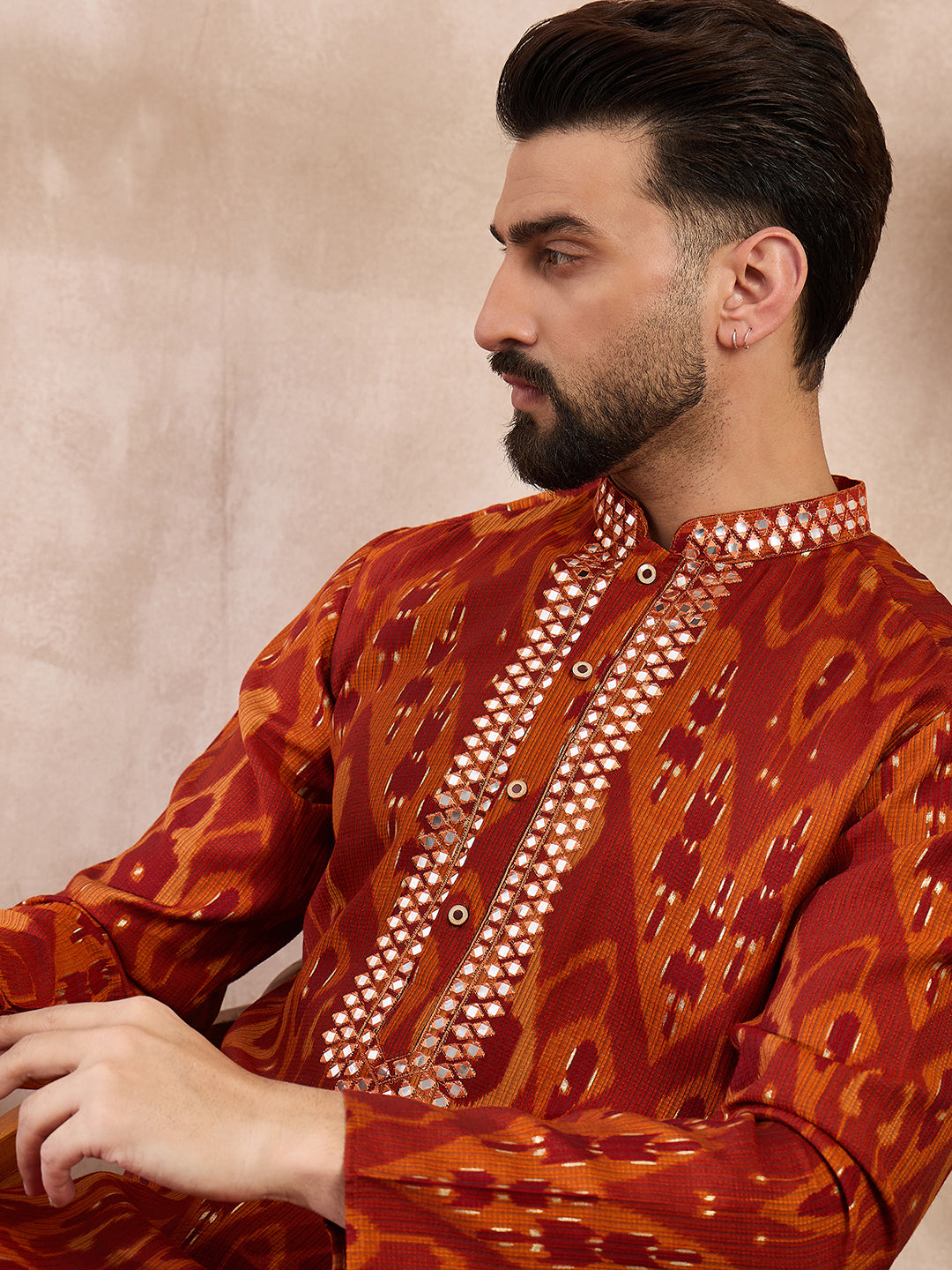 Men Orange Silk Blend Chevron Printed Straight Kurta With Trouser-MKSET1964