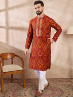 Men Orange Silk Blend Chevron Printed Straight Kurta With Trouser-MKSET1964