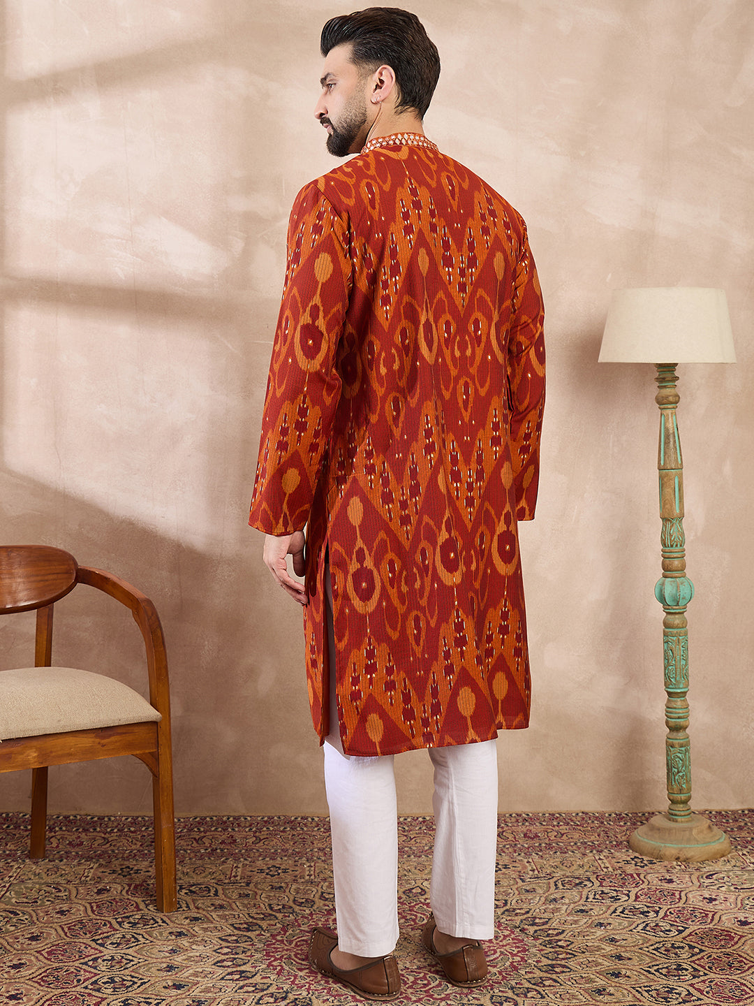 Men Orange Silk Blend Chevron Printed Straight Kurta With Trouser-MKSET1964
