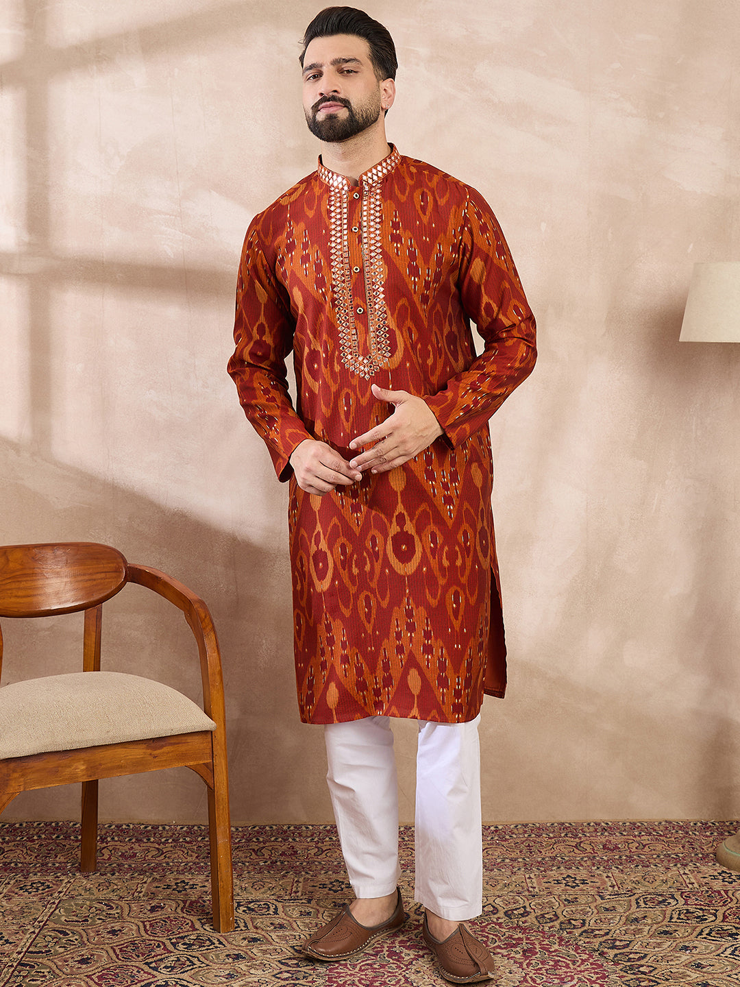 Men Orange Silk Blend Chevron Printed Straight Kurta With Trouser-MKSET1964