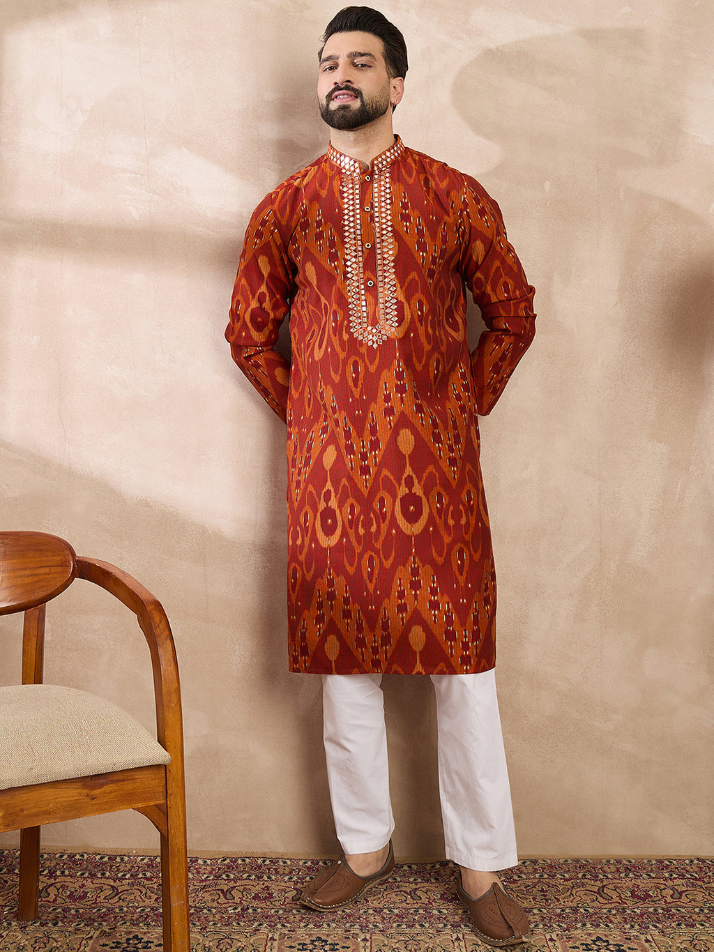 Men Orange Silk Blend Chevron Printed Straight Kurta With Trouser-MKSET1964