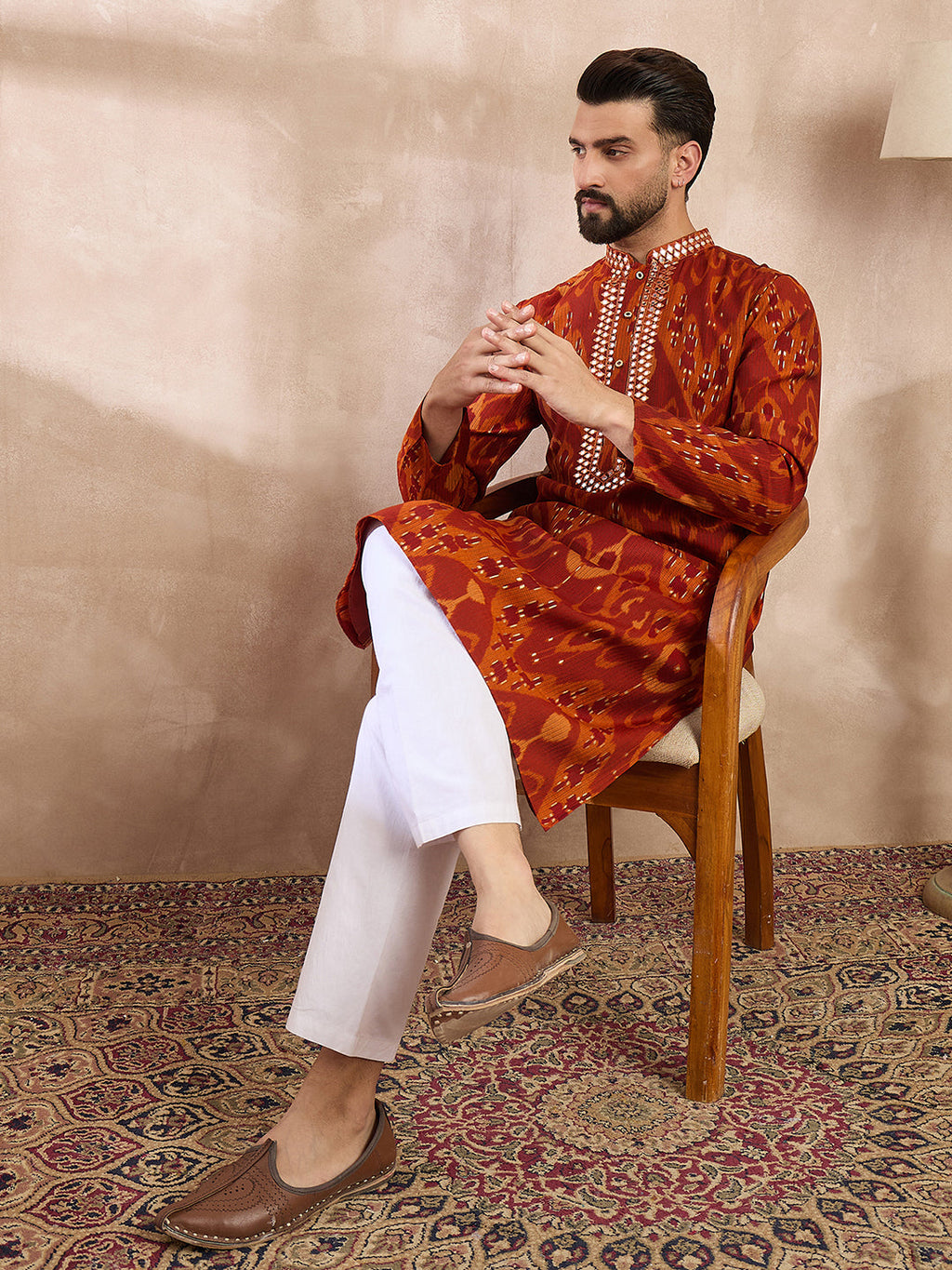Men Orange Silk Blend Chevron Printed Straight Kurta With Trouser-MKSET1964