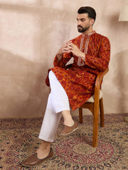 Men Orange Silk Blend Chevron Printed Straight Kurta With Trouser-MKSET1964