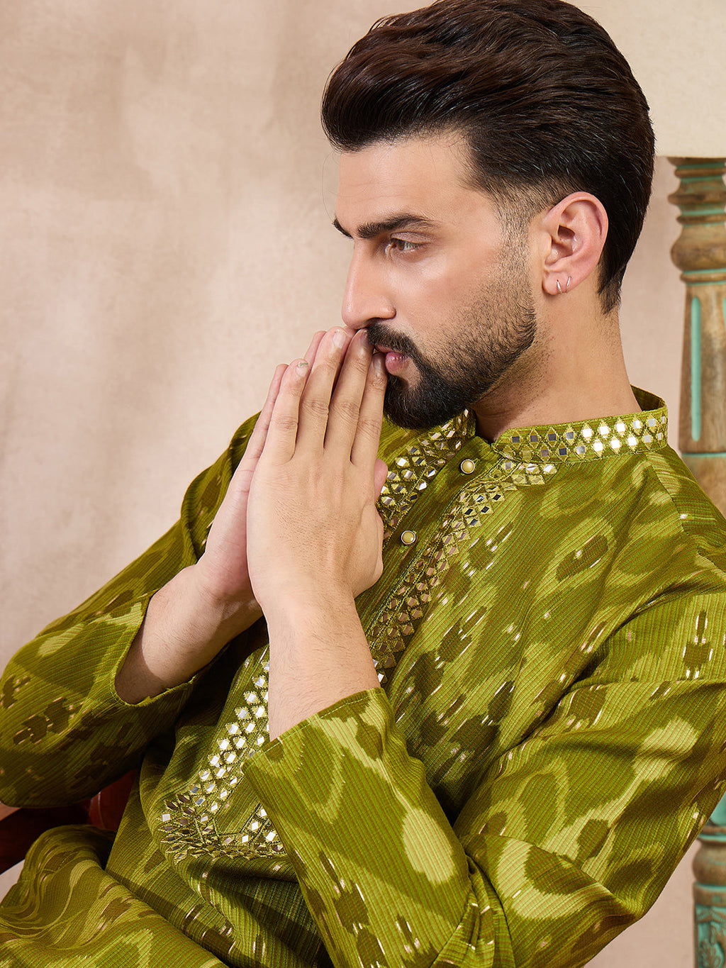 Men Green Viscose Rayon Chevron Printed Straight Kurta With Trouser-MKSET1965