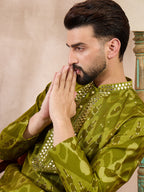 Men Green Viscose Rayon Chevron Printed Straight Kurta With Trouser-MKSET1965