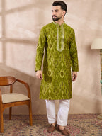 Men Green Viscose Rayon Chevron Printed Straight Kurta With Trouser-MKSET1965