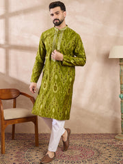 Men Green Viscose Rayon Chevron Printed Straight Kurta With Trouser-MKSET1965