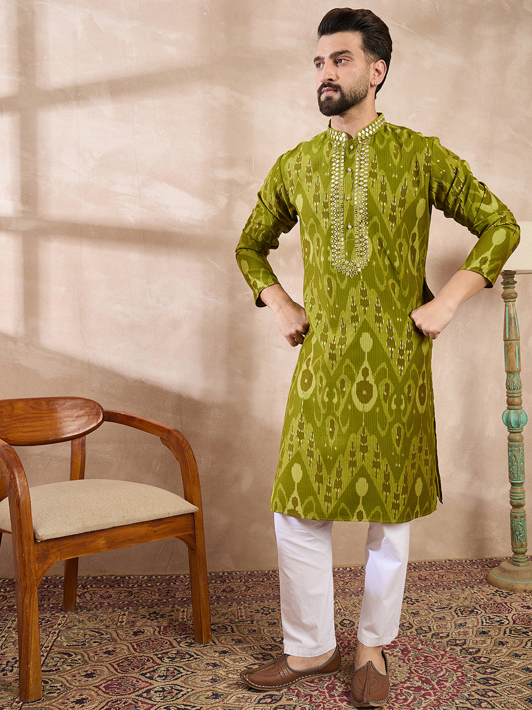 Men Green Viscose Rayon Chevron Printed Straight Kurta With Trouser-MKSET1965