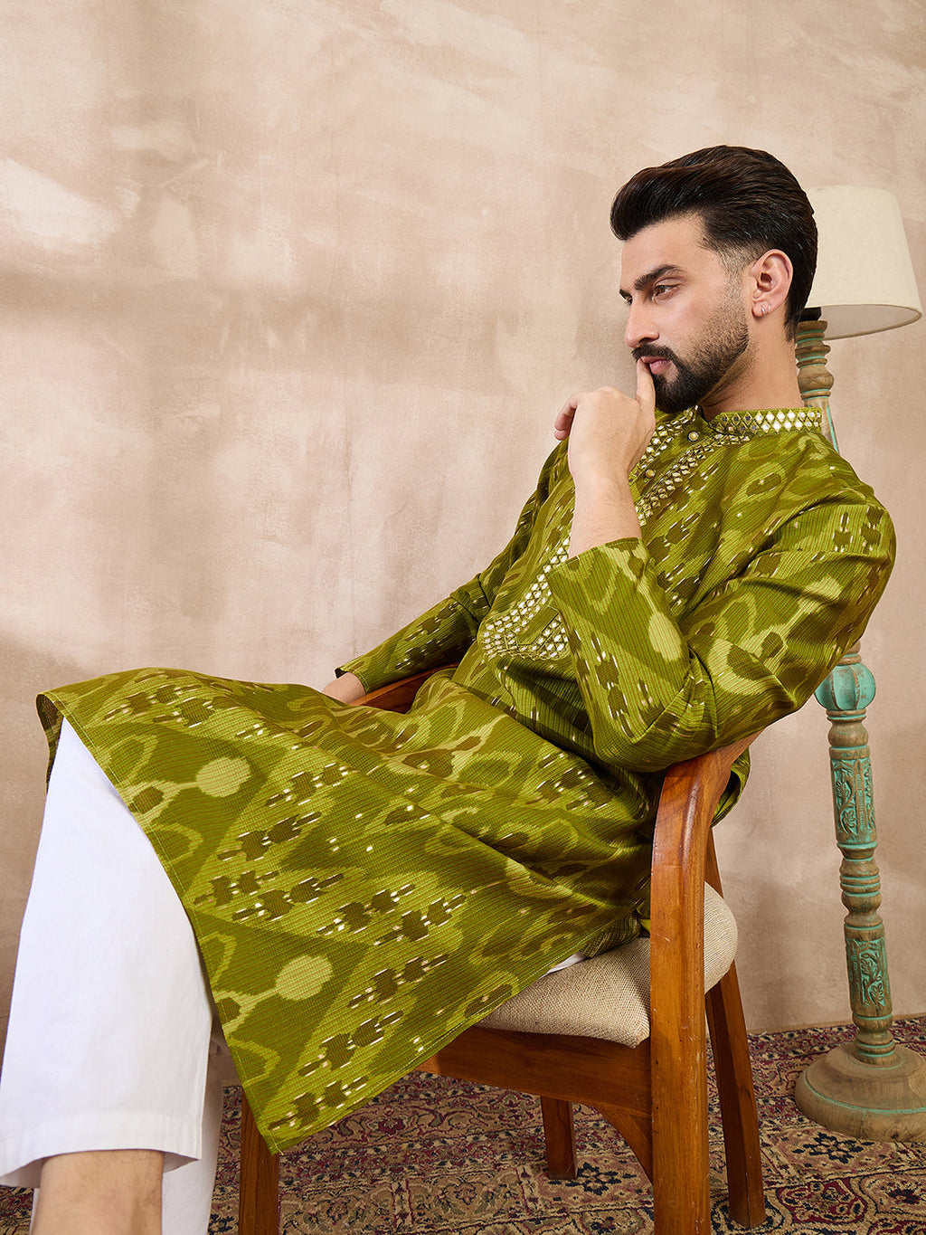 Men Green Viscose Rayon Chevron Printed Straight Kurta With Trouser-MKSET1965