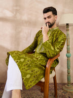Men Green Viscose Rayon Chevron Printed Straight Kurta With Trouser-MKSET1965
