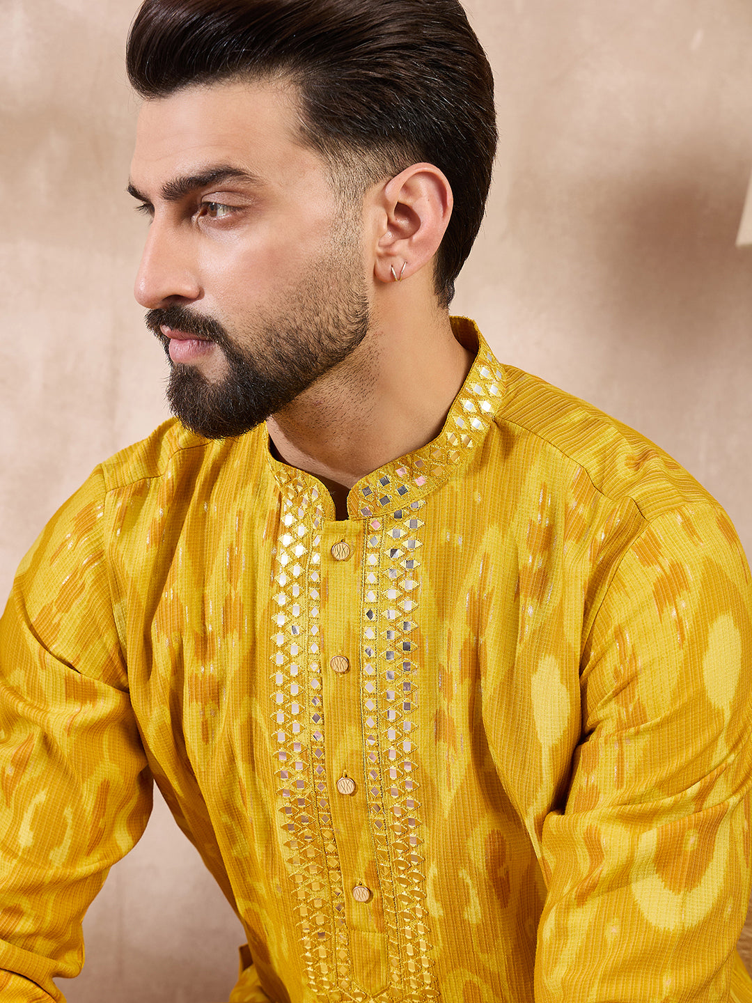 Men Yellow Viscose Rayon Chevron Printed Straight Kurta With Trouser-MKSET1966