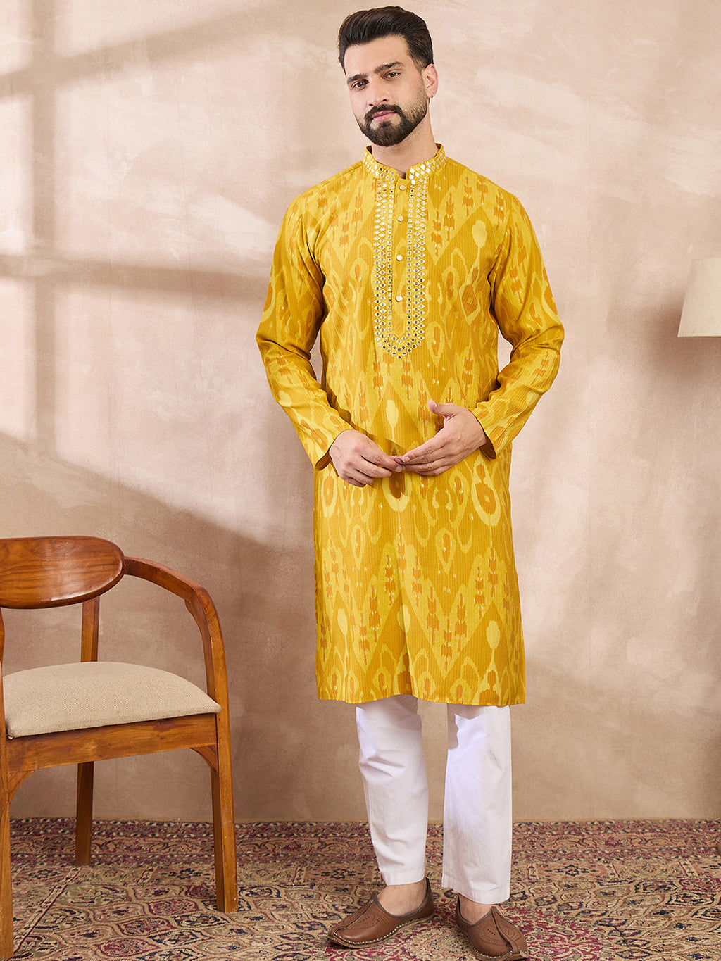 Men Yellow Viscose Rayon Chevron Printed Straight Kurta With Trouser-MKSET1966