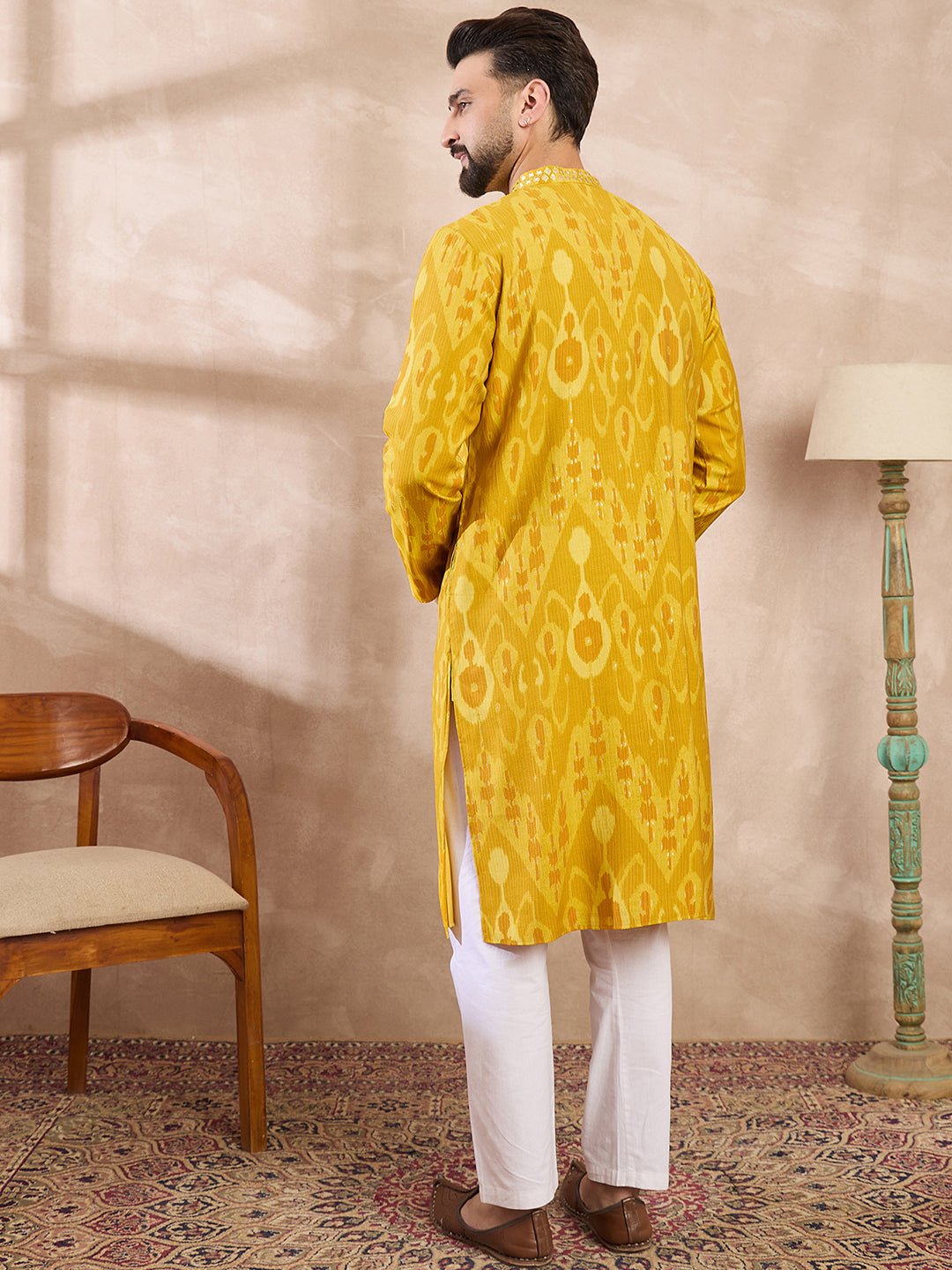 Men Yellow Viscose Rayon Chevron Printed Straight Kurta With Trouser-MKSET1966