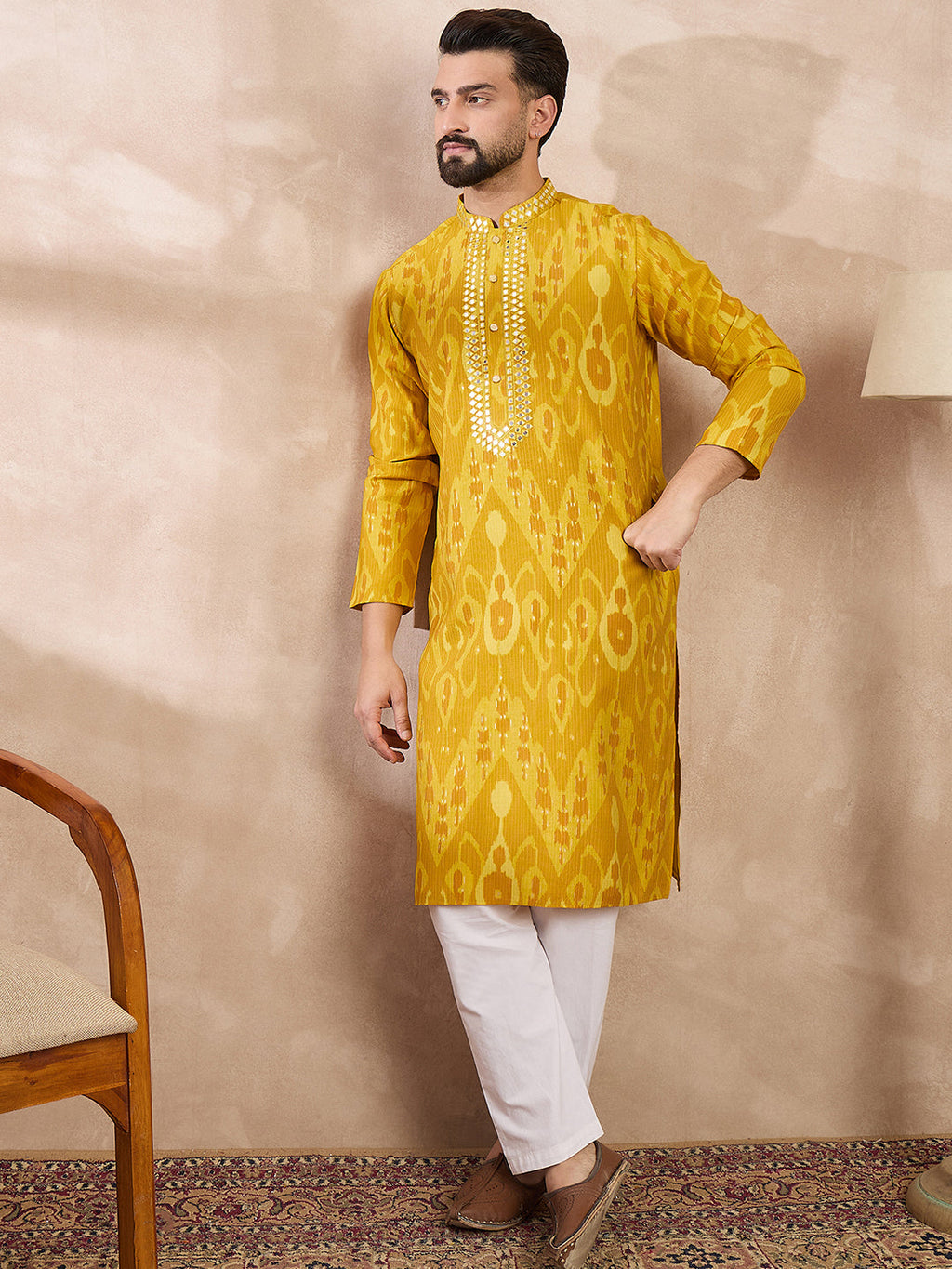 Men Yellow Viscose Rayon Chevron Printed Straight Kurta With Trouser-MKSET1966