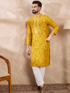 Men Yellow Viscose Rayon Chevron Printed Straight Kurta With Trouser-MKSET1966