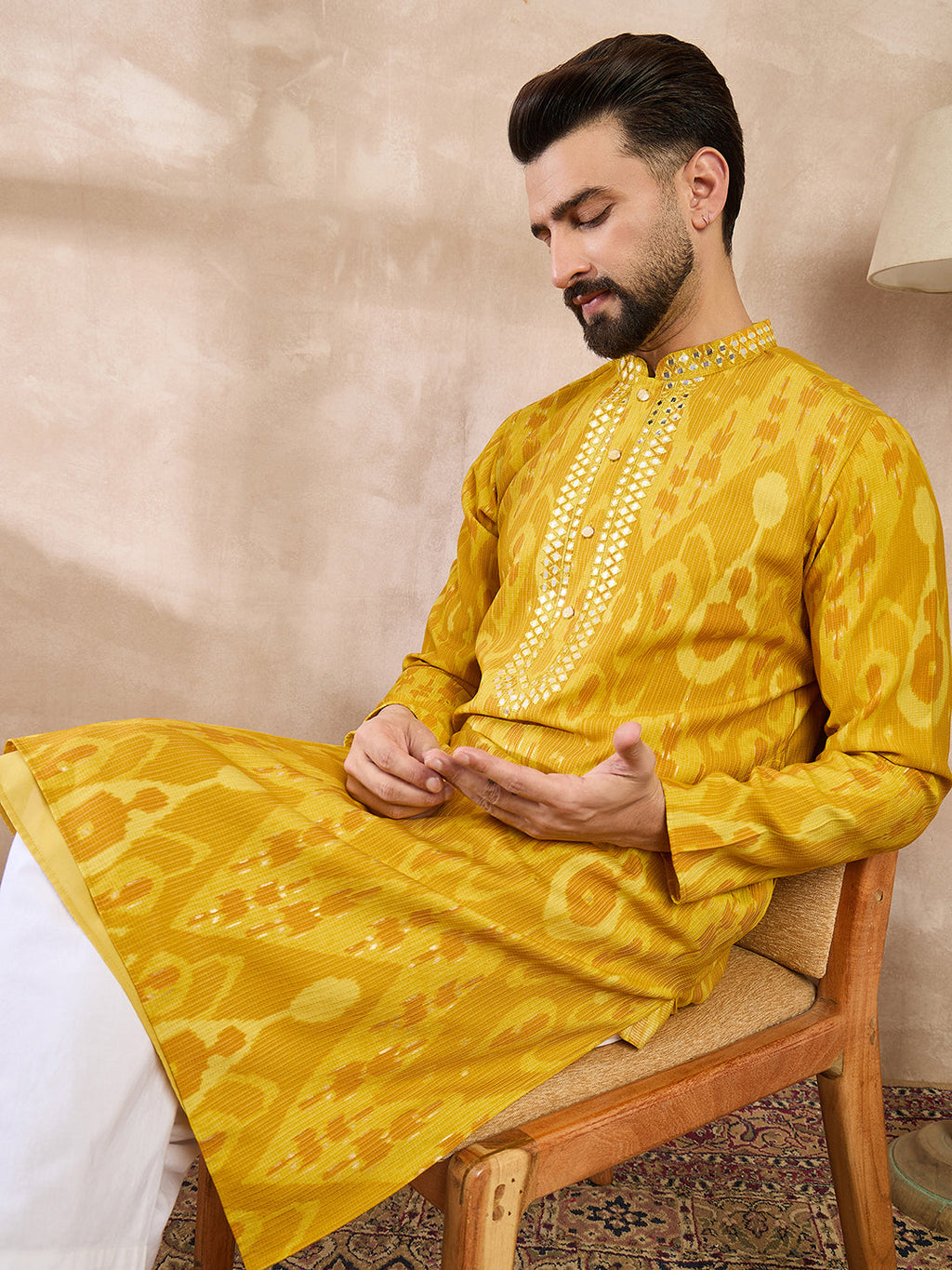Men Yellow Viscose Rayon Chevron Printed Straight Kurta With Trouser-MKSET1966