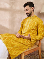 Men Yellow Viscose Rayon Chevron Printed Straight Kurta With Trouser-MKSET1966