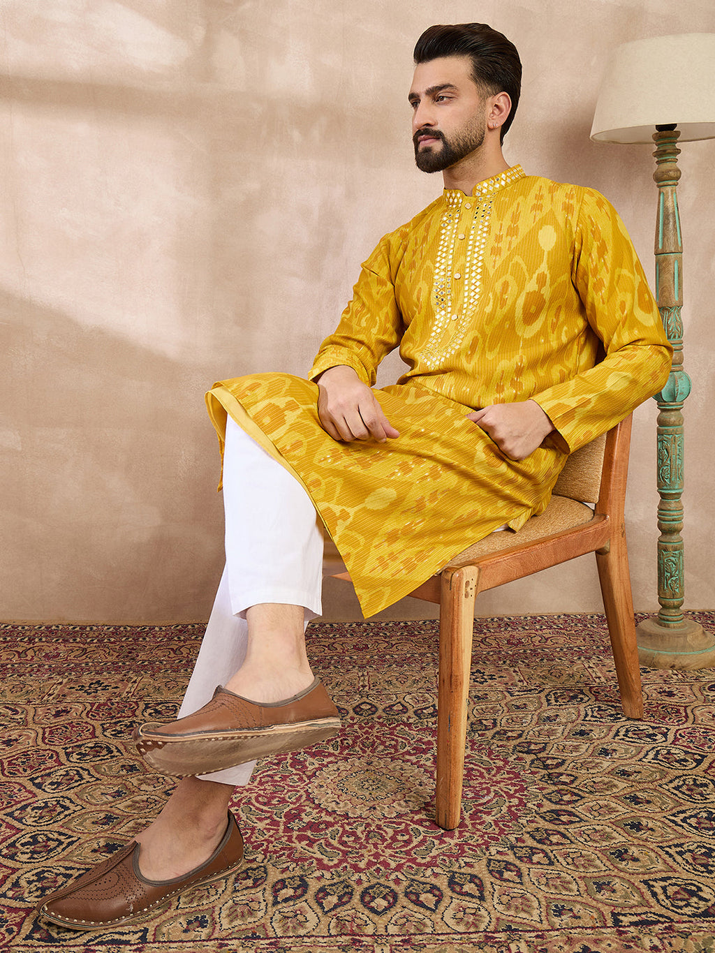 Men Yellow Viscose Rayon Chevron Printed Straight Kurta With Trouser-MKSET1966