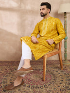 Men Yellow Viscose Rayon Chevron Printed Straight Kurta With Trouser-MKSET1966