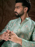 Men Turquoise Blue Silk Blend Abstract Printed Straight Kurta With Trouser-MKSET1967