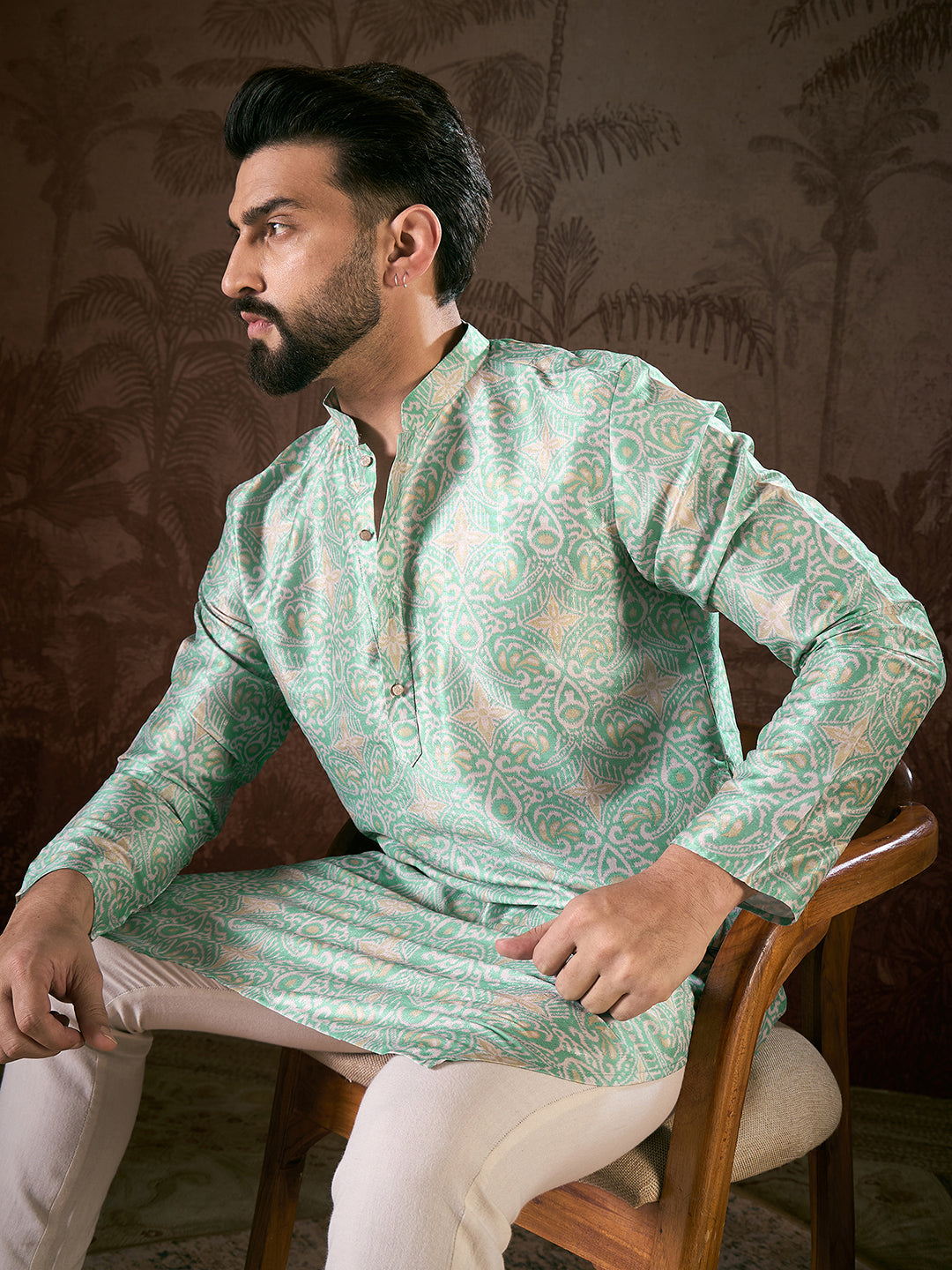 Men Turquoise Blue Silk Blend Abstract Printed Straight Kurta With Trouser-MKSET1967