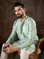 Men Turquoise Blue Silk Blend Abstract Printed Straight Kurta With Trouser-MKSET1967