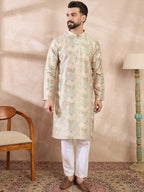 Men Green Silk Blend Floral Printed Straight Kurta With Trouser-MKSET1968