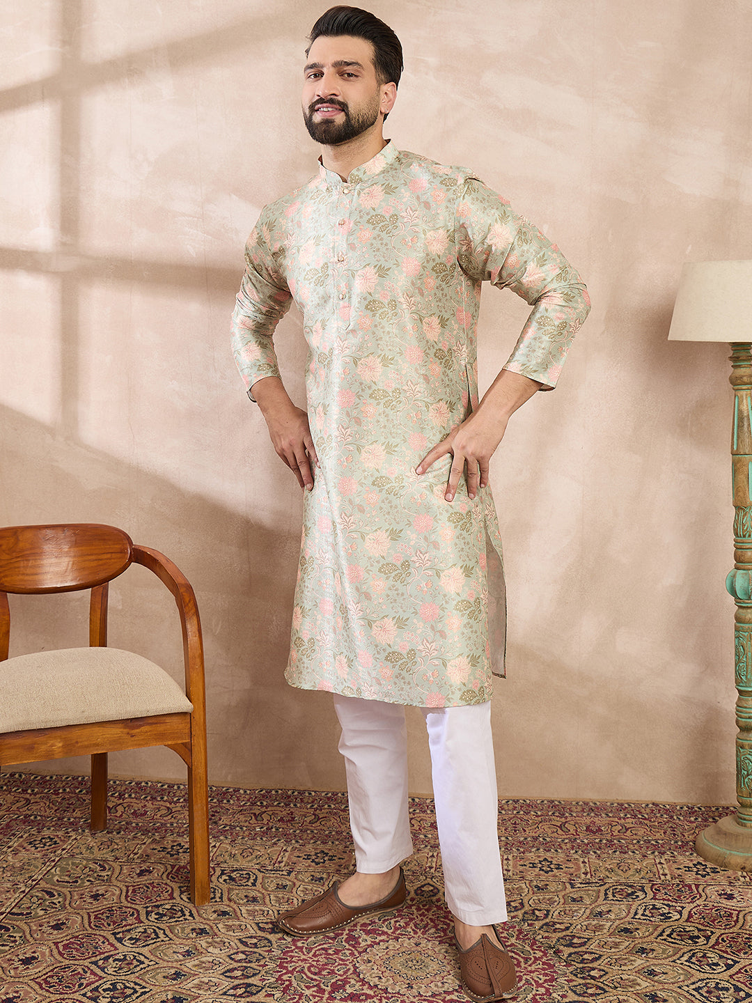 Men Green Silk Blend Floral Printed Straight Kurta With Trouser-MKSET1968