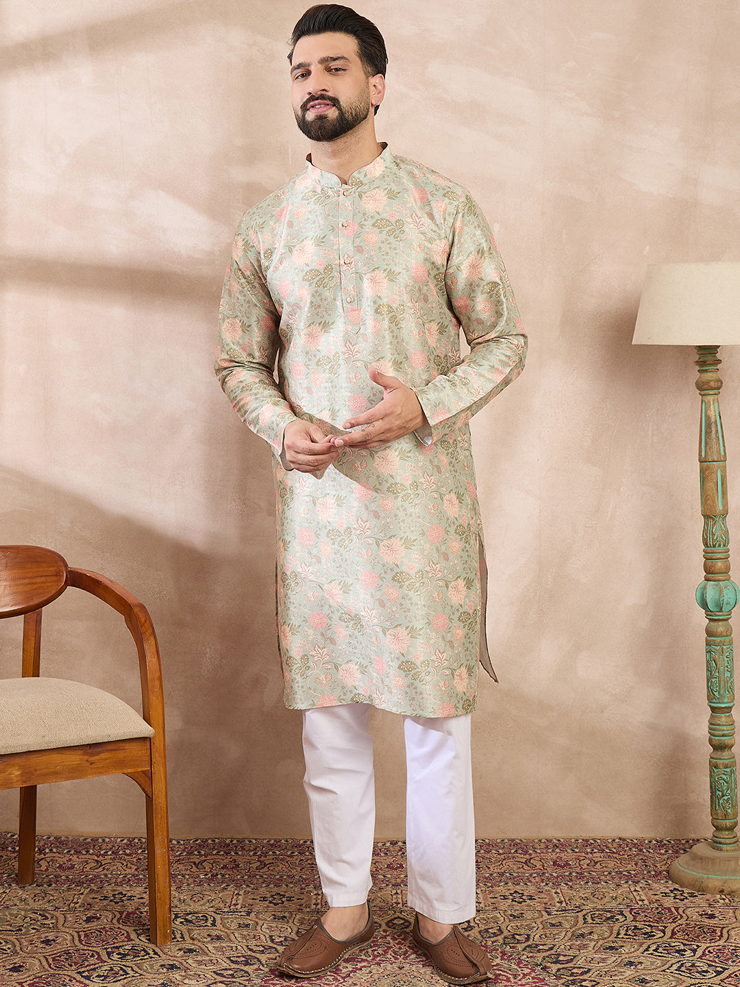 Men Green Silk Blend Floral Printed Straight Kurta With Trouser-MKSET1968