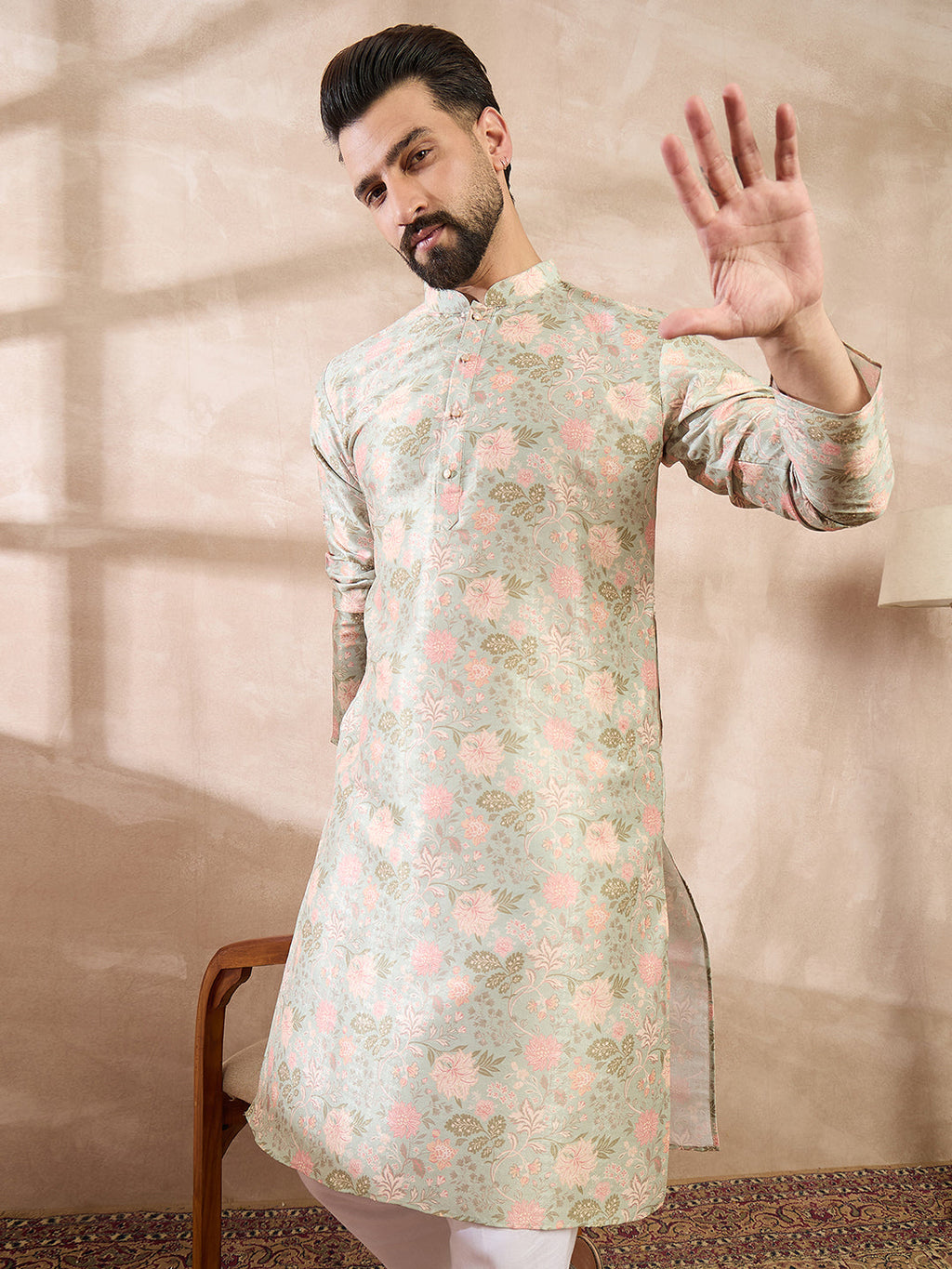 Men Green Silk Blend Floral Printed Straight Kurta With Trouser-MKSET1968
