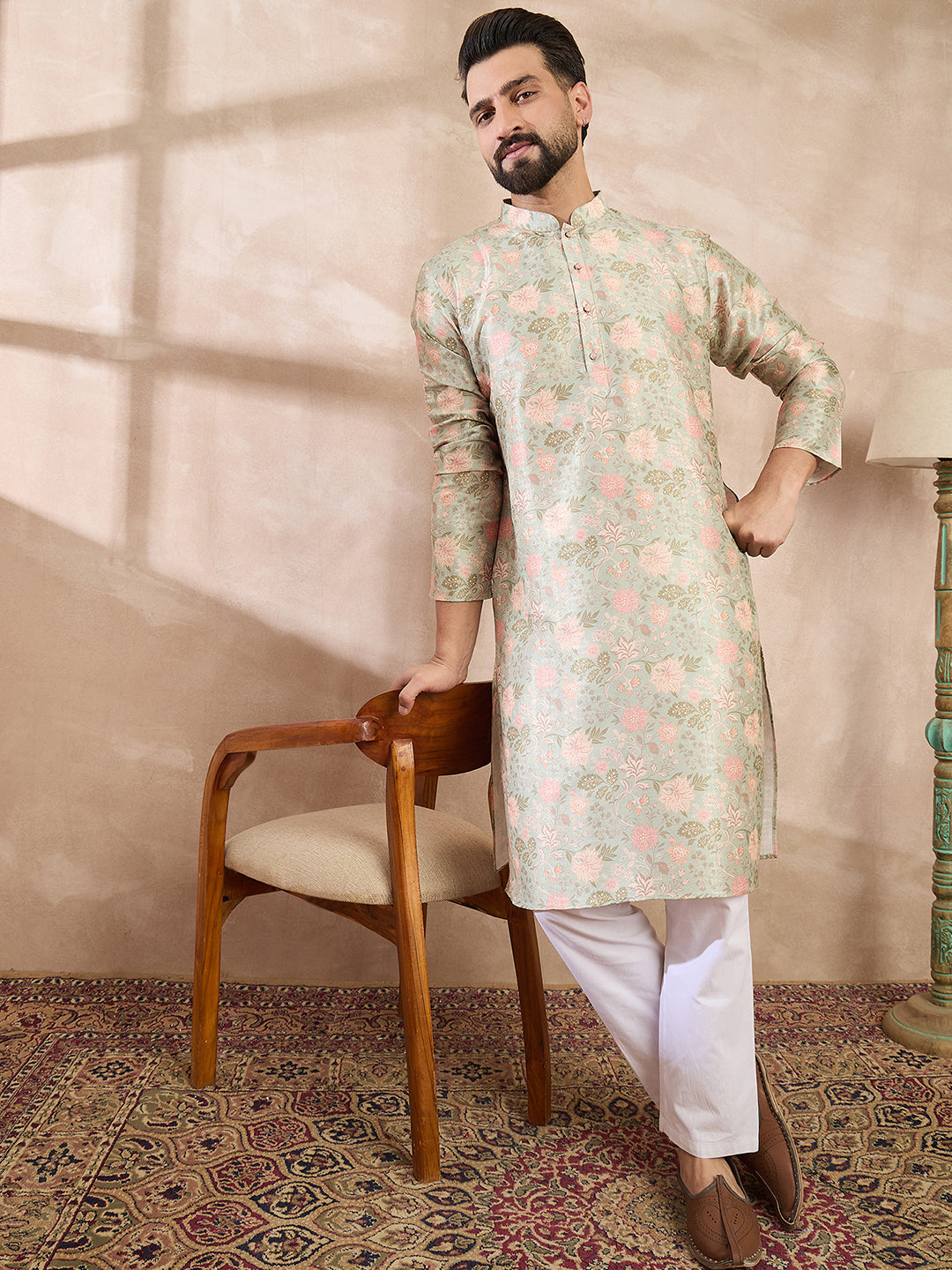 Men Green Silk Blend Floral Printed Straight Kurta With Trouser-MKSET1968