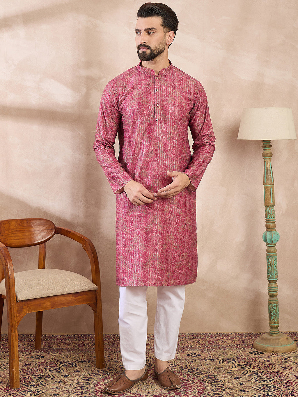 Men Pink Silk Blend Floral Printed Straight Kurta With Trouser-MKSET1969