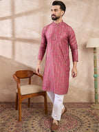 Men Pink Silk Blend Floral Printed Straight Kurta With Trouser-MKSET1969
