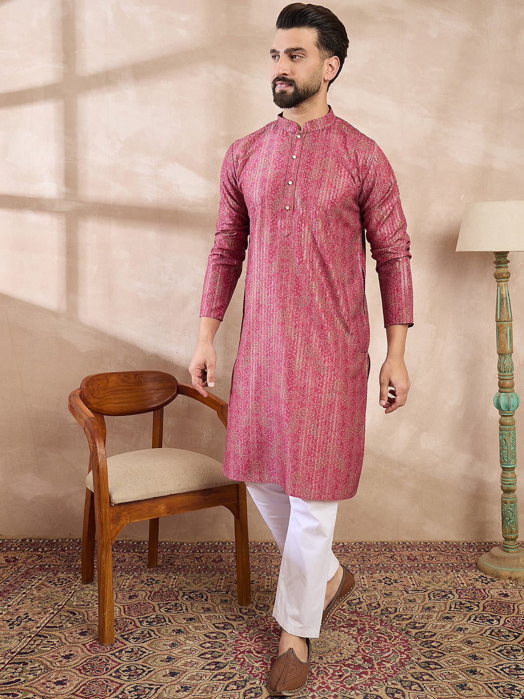 Men Pink Silk Blend Floral Printed Straight Kurta With Trouser-MKSET1969