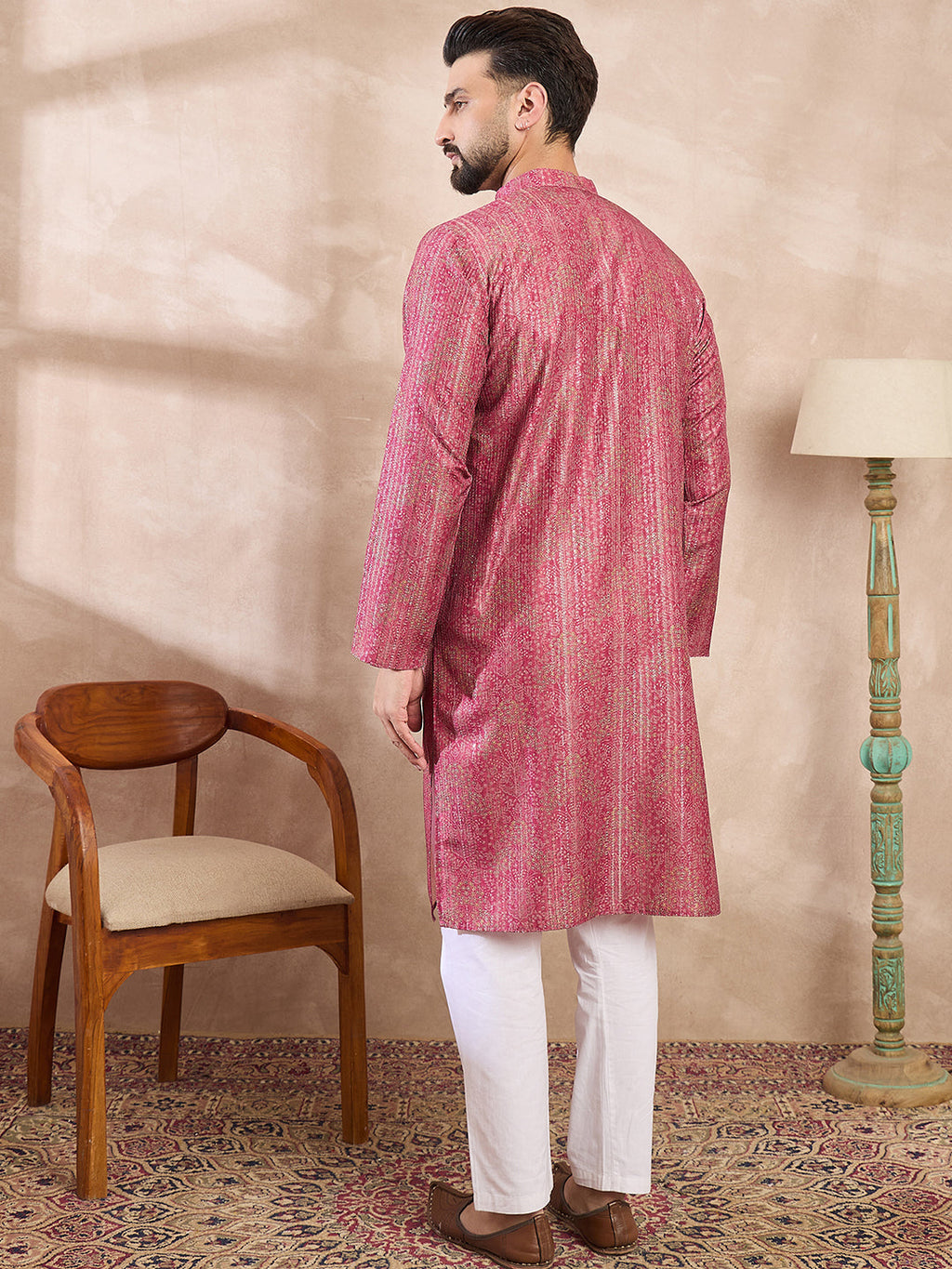 Men Pink Silk Blend Floral Printed Straight Kurta With Trouser-MKSET1969