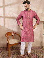 Men Pink Silk Blend Floral Printed Straight Kurta With Trouser-MKSET1969