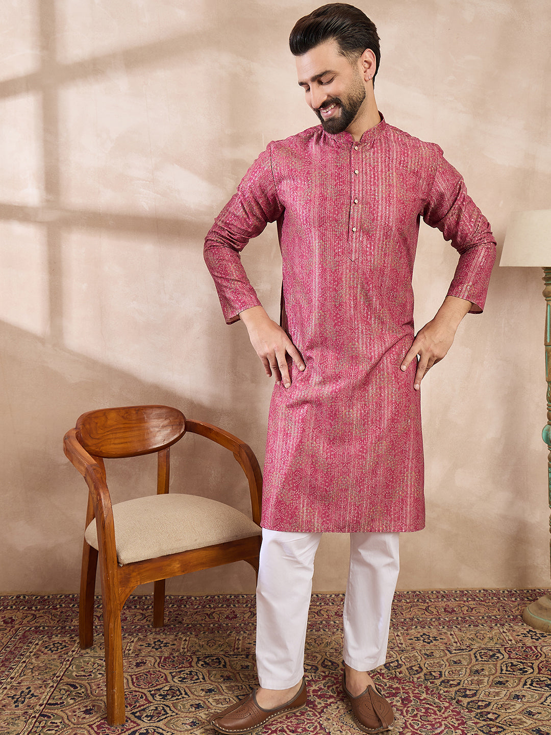 Men Pink Silk Blend Floral Printed Straight Kurta With Trouser-MKSET1969