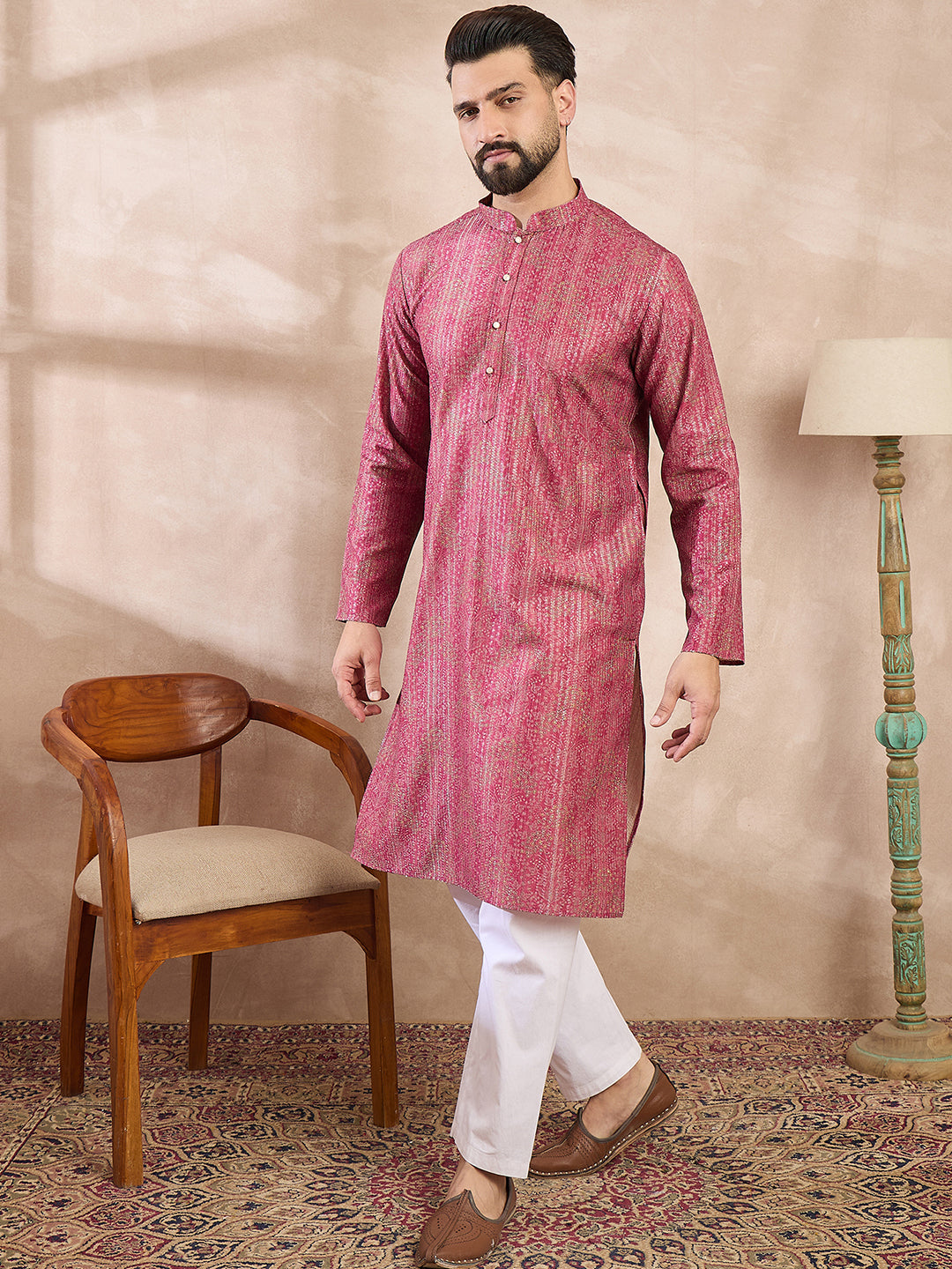 Men Pink Silk Blend Floral Printed Straight Kurta With Trouser-MKSET1969