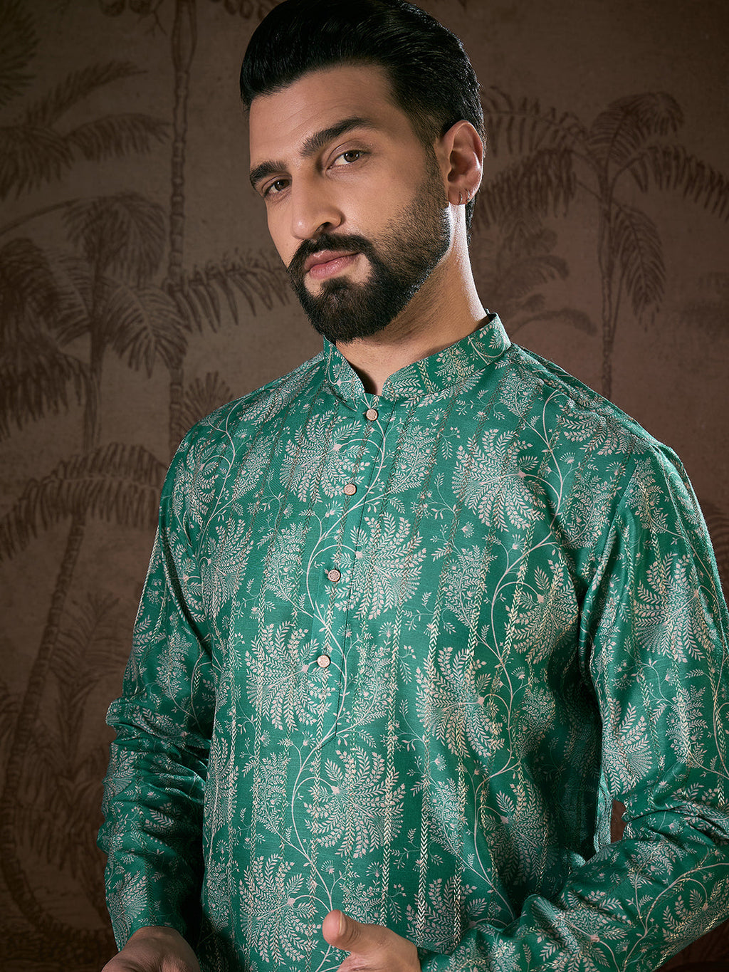 Men Teal Silk Blend Floral Printed Straight Kurta With Trouser-MKSET1971