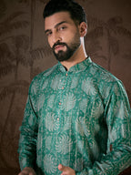 Men Teal Silk Blend Floral Printed Straight Kurta With Trouser-MKSET1971