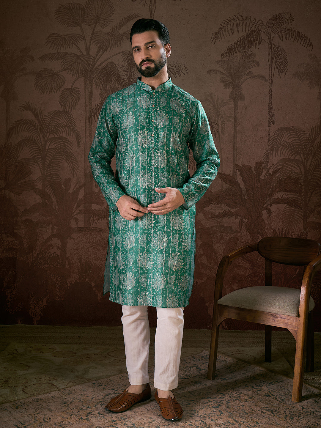 Men Teal Silk Blend Floral Printed Straight Kurta With Trouser-MKSET1971