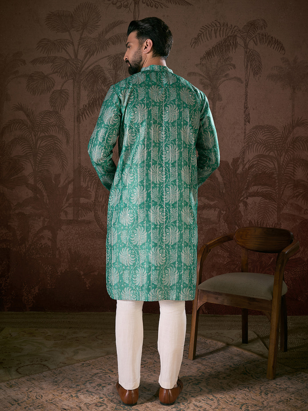 Men Teal Silk Blend Floral Printed Straight Kurta With Trouser-MKSET1971