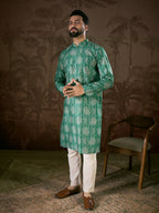 Men Teal Silk Blend Floral Printed Straight Kurta With Trouser-MKSET1971