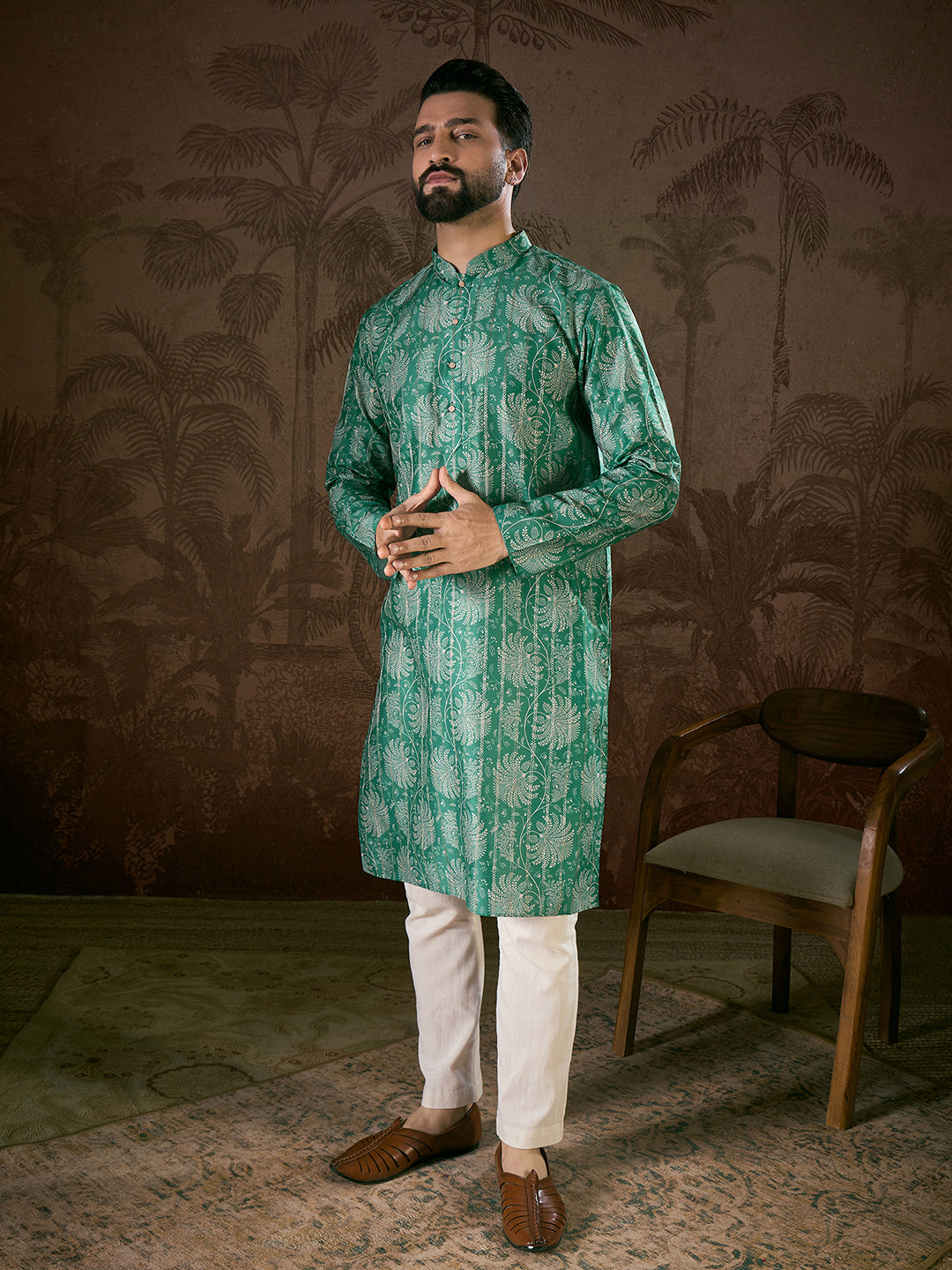 Men Teal Silk Blend Floral Printed Straight Kurta With Trouser-MKSET1971