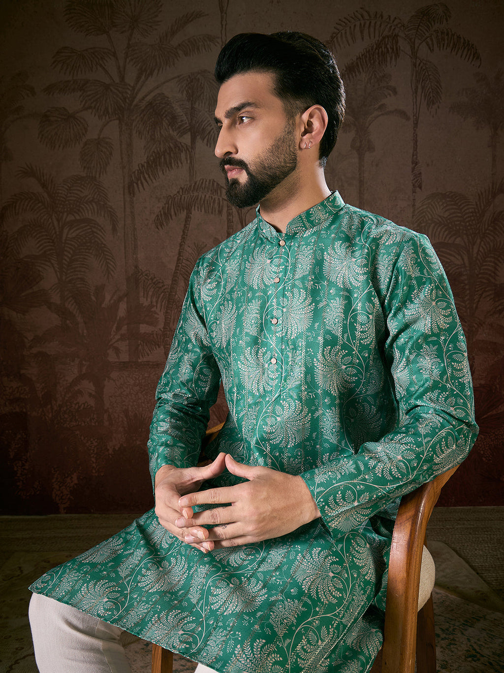 Men Teal Silk Blend Floral Printed Straight Kurta With Trouser-MKSET1971