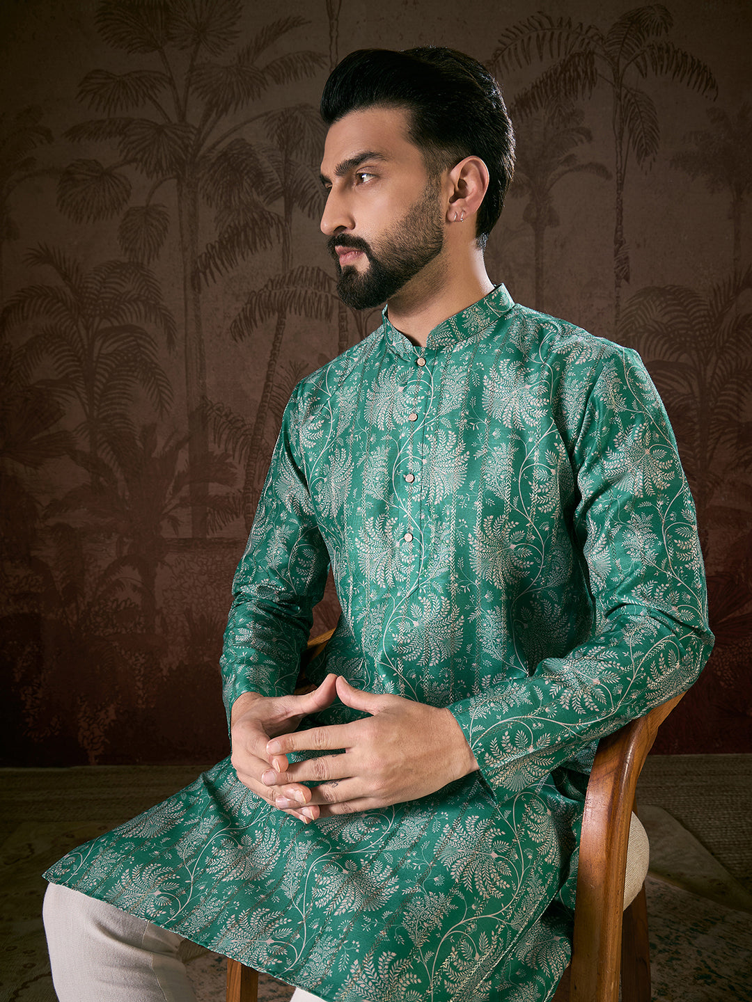 Men Teal Silk Blend Floral Printed Straight Kurta With Trouser-MKSET1971